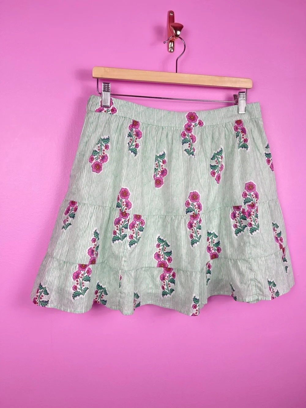 J.Crew Tiered Mini Skirt Floral Stripe Cotton Elastic Waist Women’s Medium NWT - Picture 4 of 10